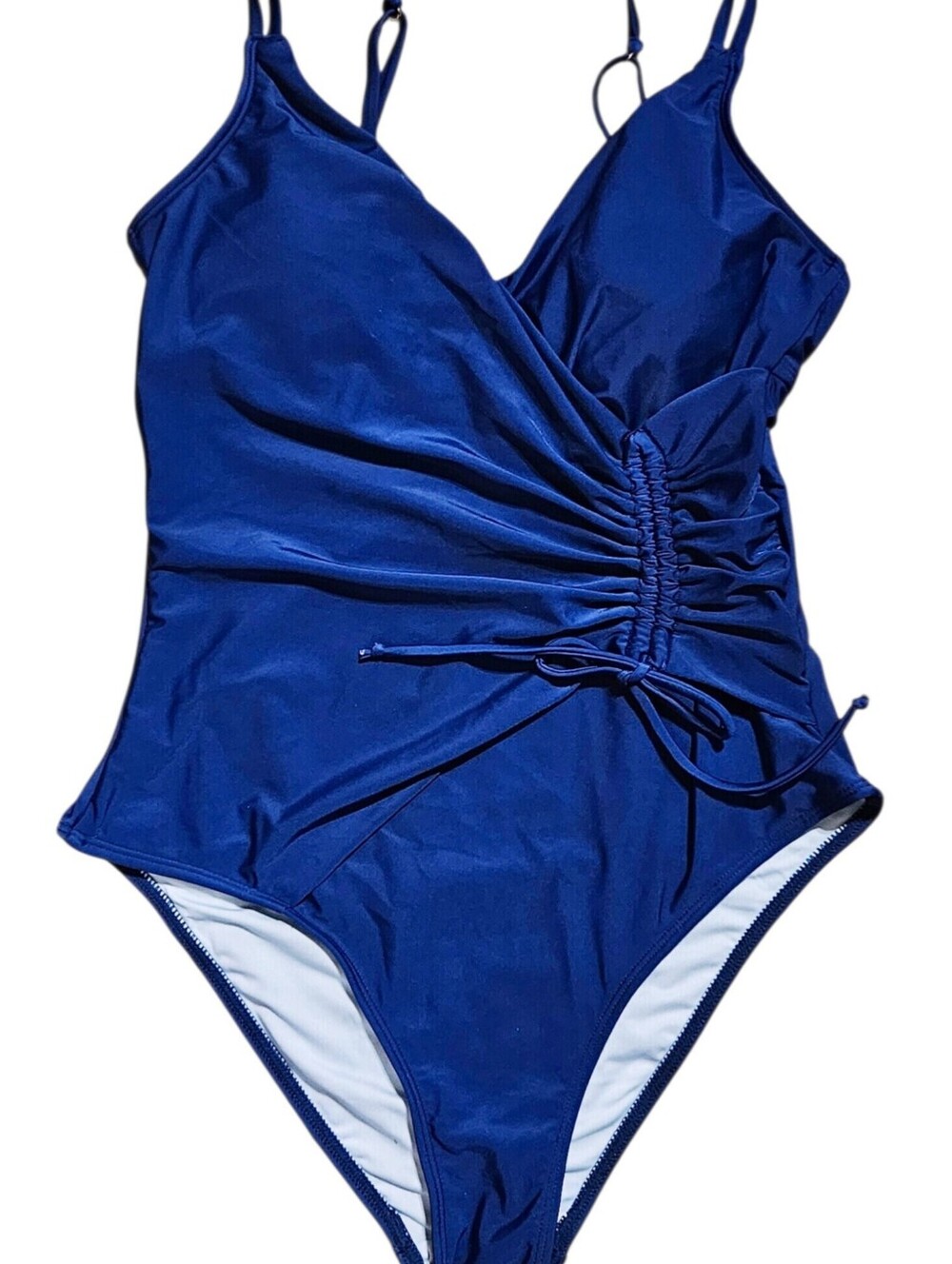 Cupshe Navy Blue V Neck Gathered Open Back Flattering One Piece Swimsuit M